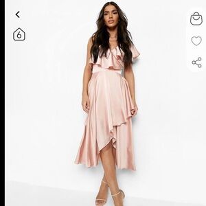 BOOHOO Satin Ruffle Wrap Skater Dress